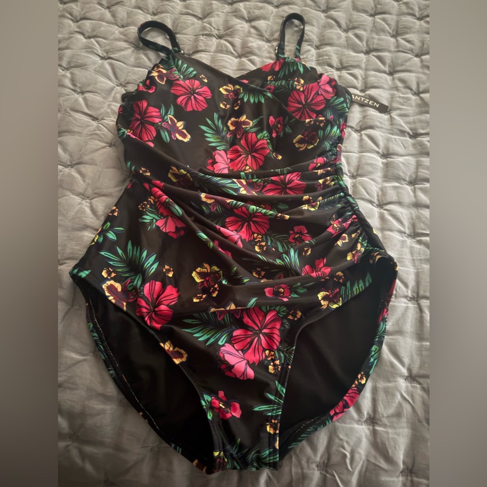Janzen One Piece Ruched Swimsuit Floral Black Rose Pink Green Size 14